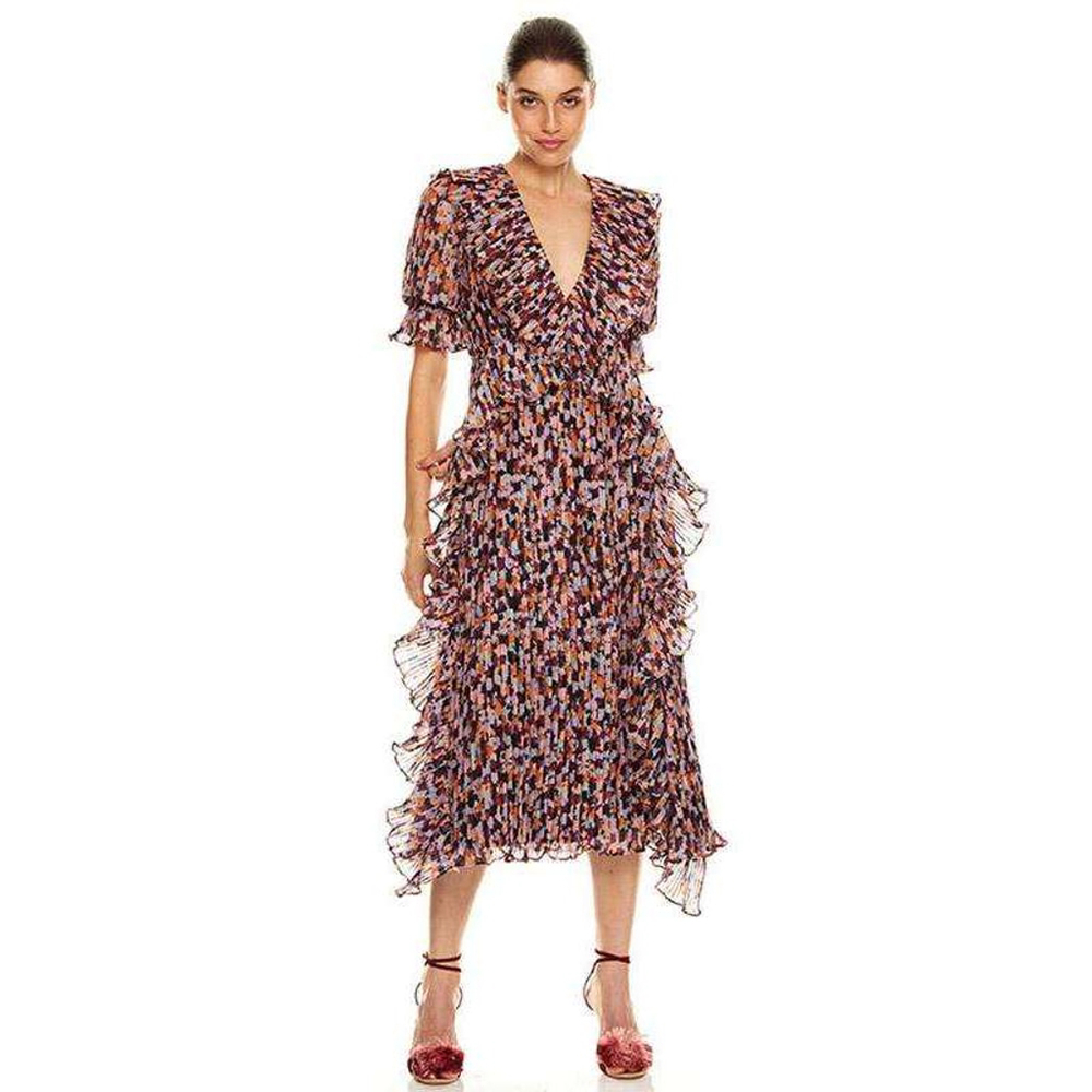 La Maison Talulah Dress Womens XS Multicolor Pleated Ruffle Midi Floral Boho